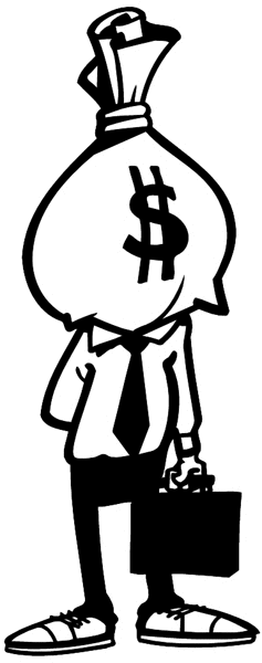 Man with bag of money for a head vinyl sticker. Customize on line. Crazy Comics 026-0156